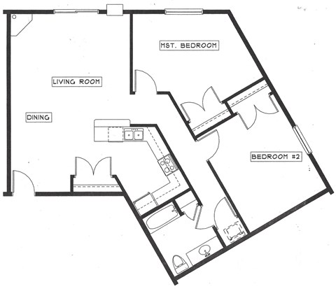 Floor plan for 1 bed, 1 bath, 927 sqft